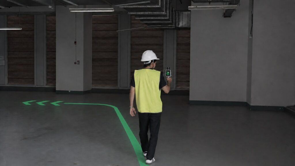 Operator following a route guide on the floor while scanning with the FJD Trion X1
