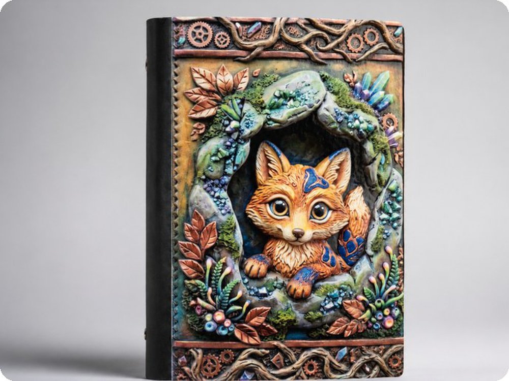 Textured 3D relief book cover with a fox design printed in colour on the HeyGears G1X