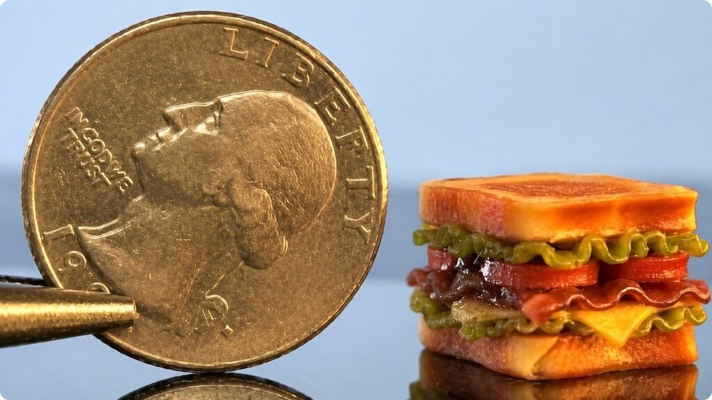 Full-colour 3D sandwich model generated from an image and printed on the HeyGears G1X, shown next to a coin