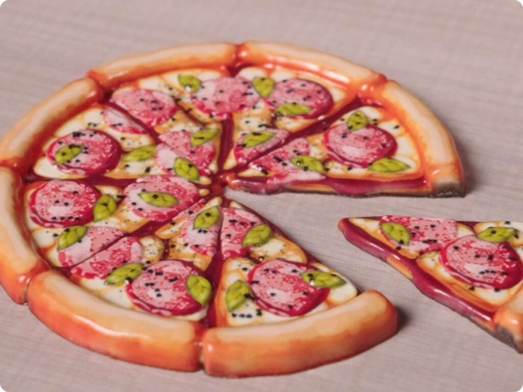 Full-colour 3D printed pizza model with textured toppings, made on the HeyGears G1X
