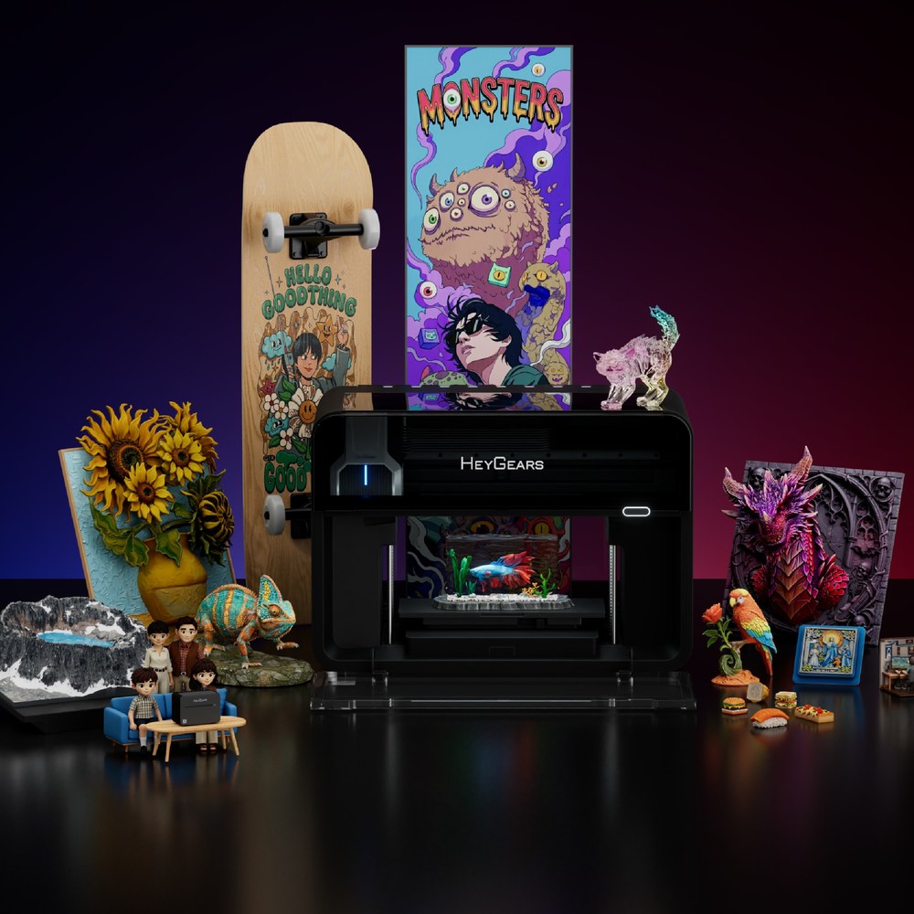 HeyGears G1X full-colour 3D printer surrounded by full-colour 3D printed models and prints