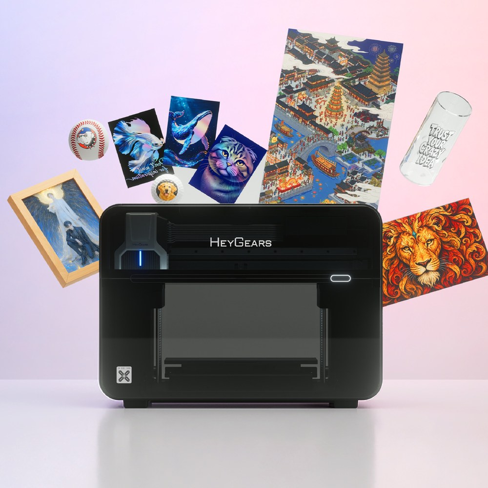 HeyGears G1X with UV-printed photos, cards, glass and a framed print