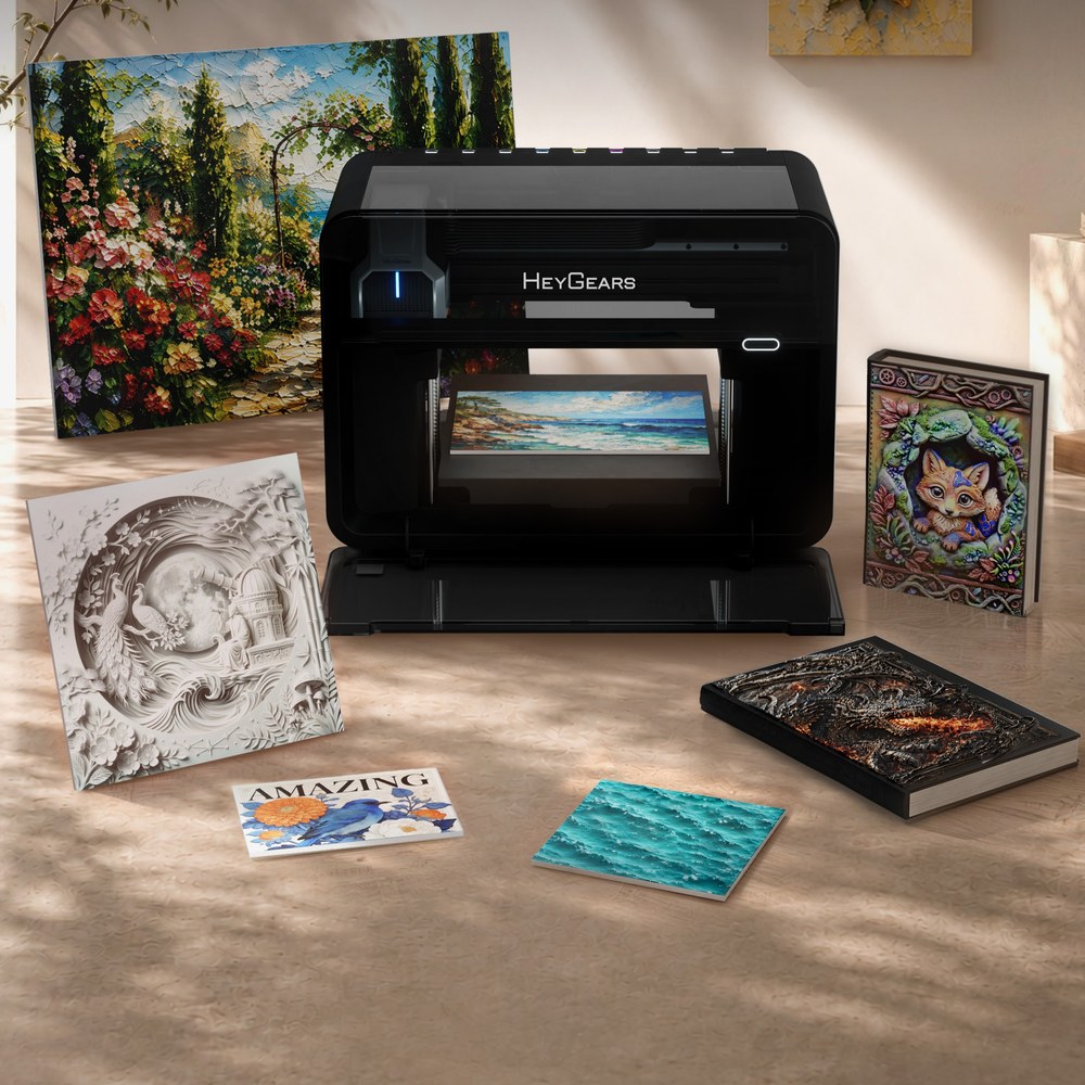 HeyGears G1X with 3D texture prints including a relief panel and textured book covers