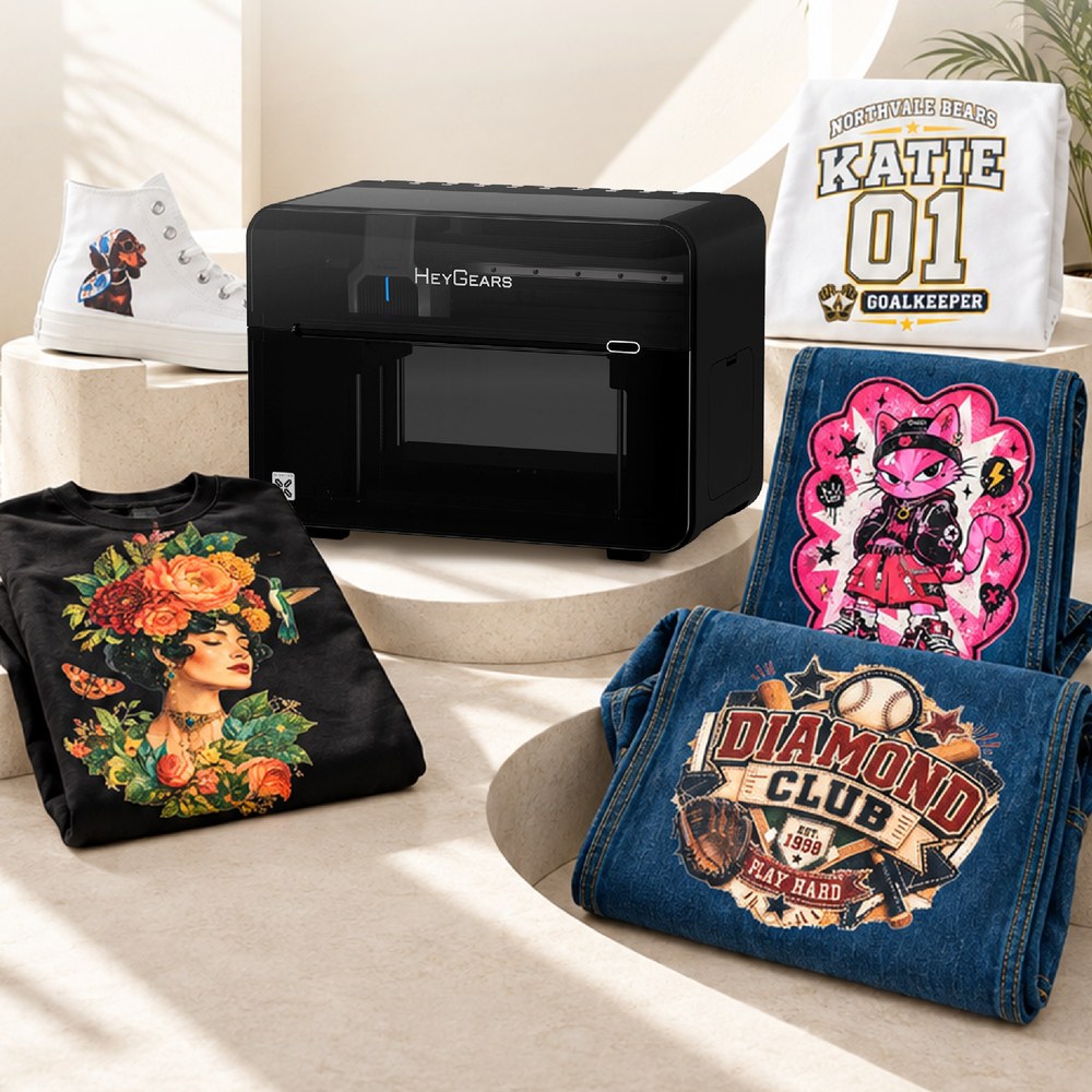 HeyGears G1X with DTF and DTG printed T-shirts, jeans and sneakers