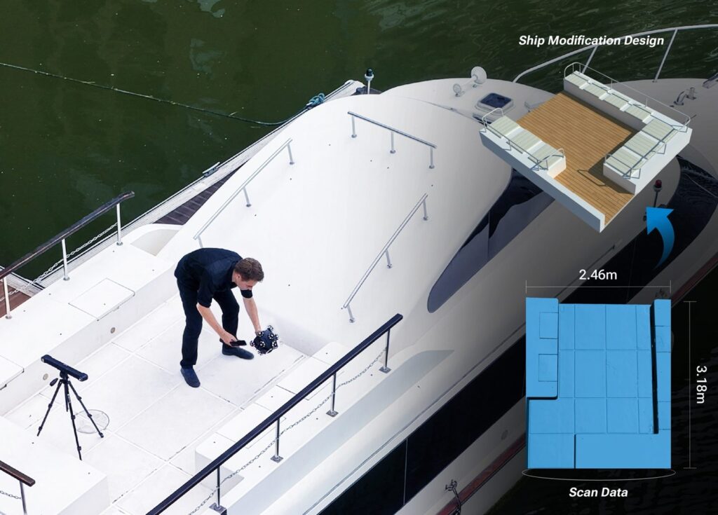 EinScan Trak scanning a yacht with the tracker on a tripod