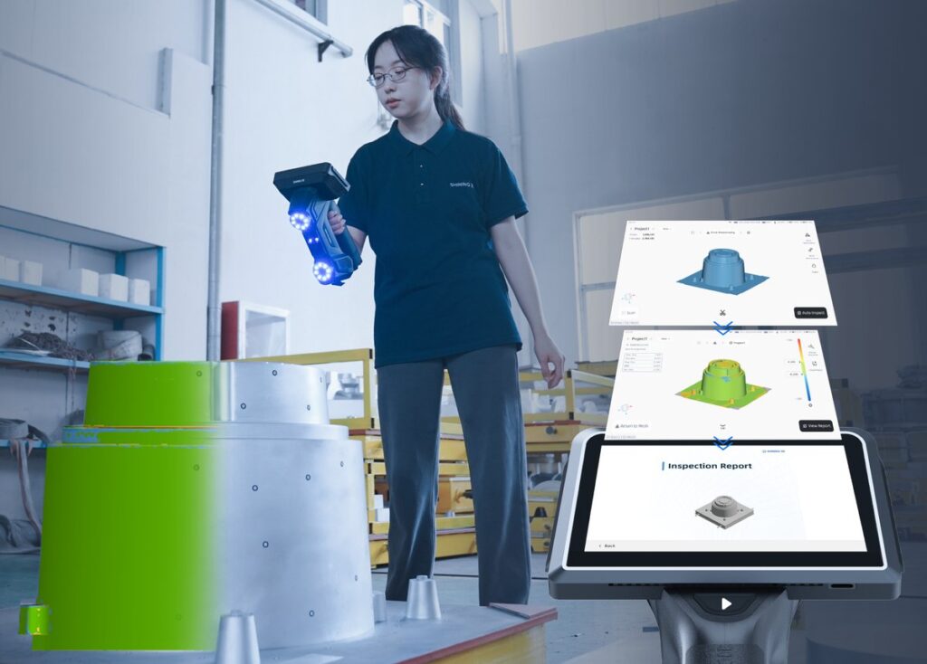 FreeScan Omni scanning a part and showing the inspection report on its built-in screen